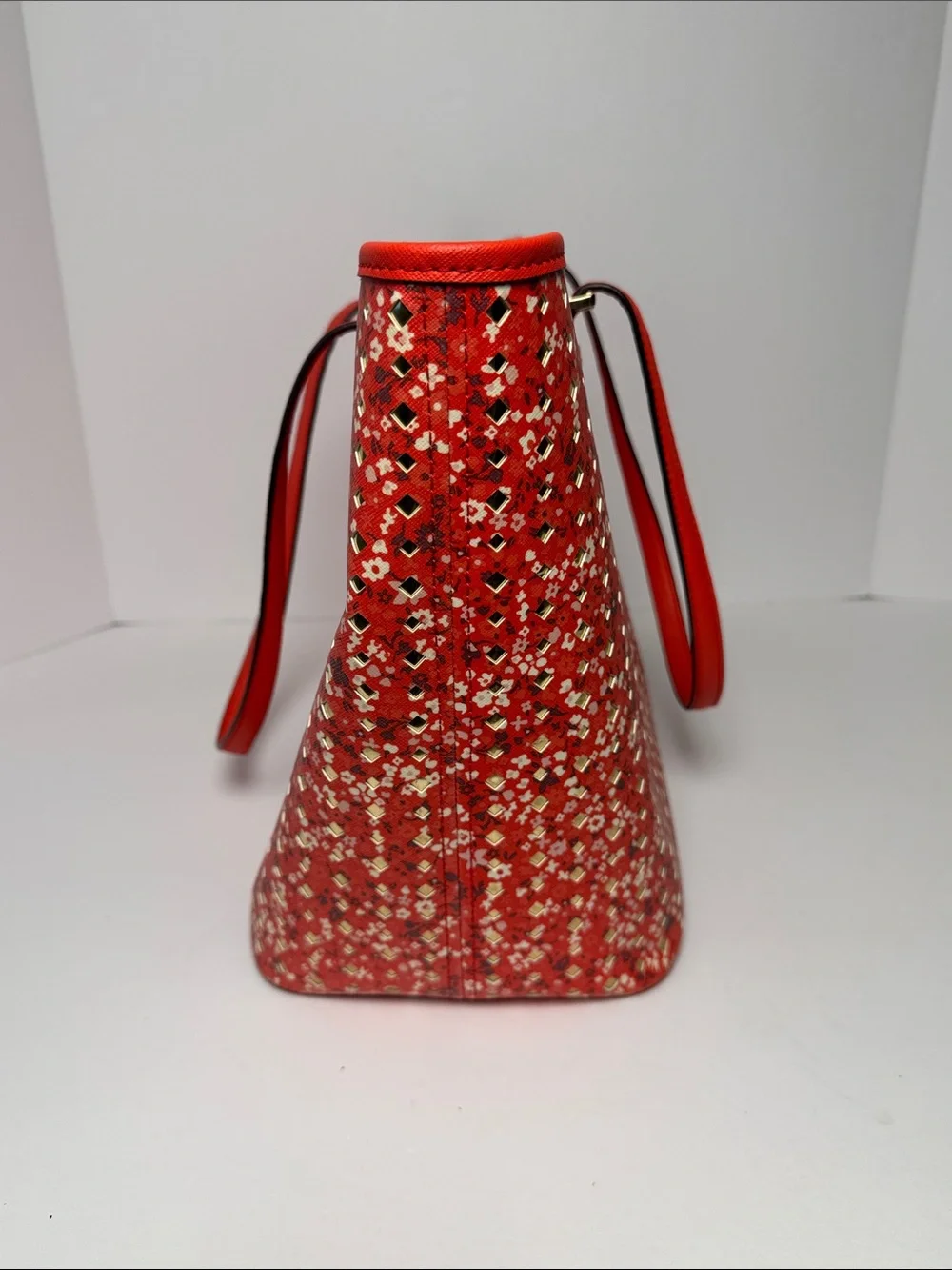Michael Kors Jet Set Floral Red Metallic Details Tote Bag Signature Gold Charm